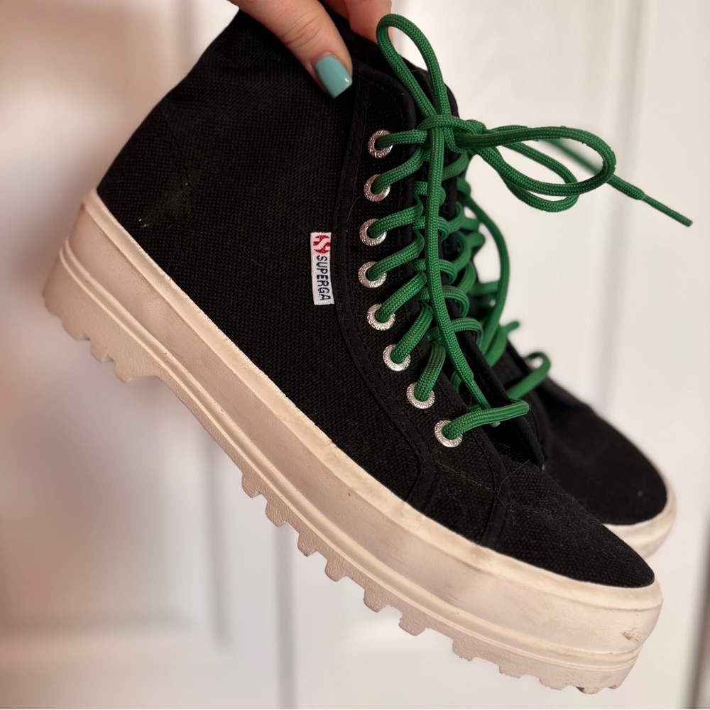 Superga Alpina Black High-Top Lug-Sole Sneakers with Green Laces